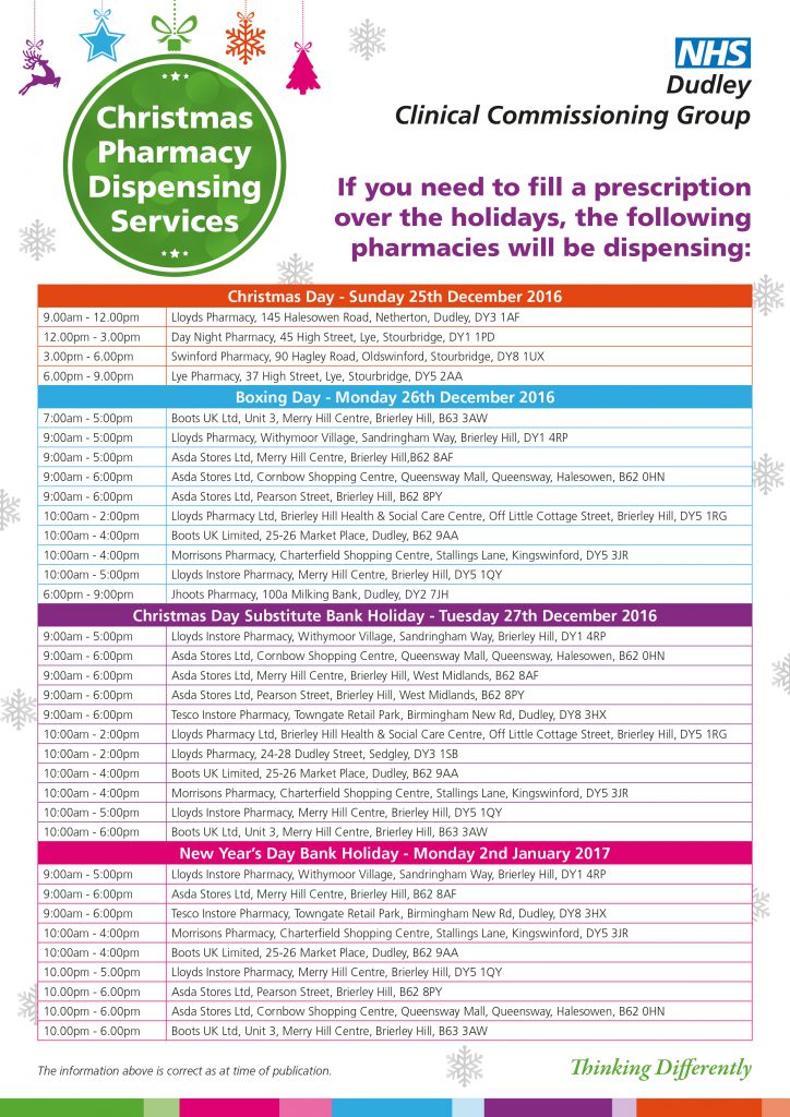 Christmas pharmacy opening times The Dudley Group NHS Foundation Trust